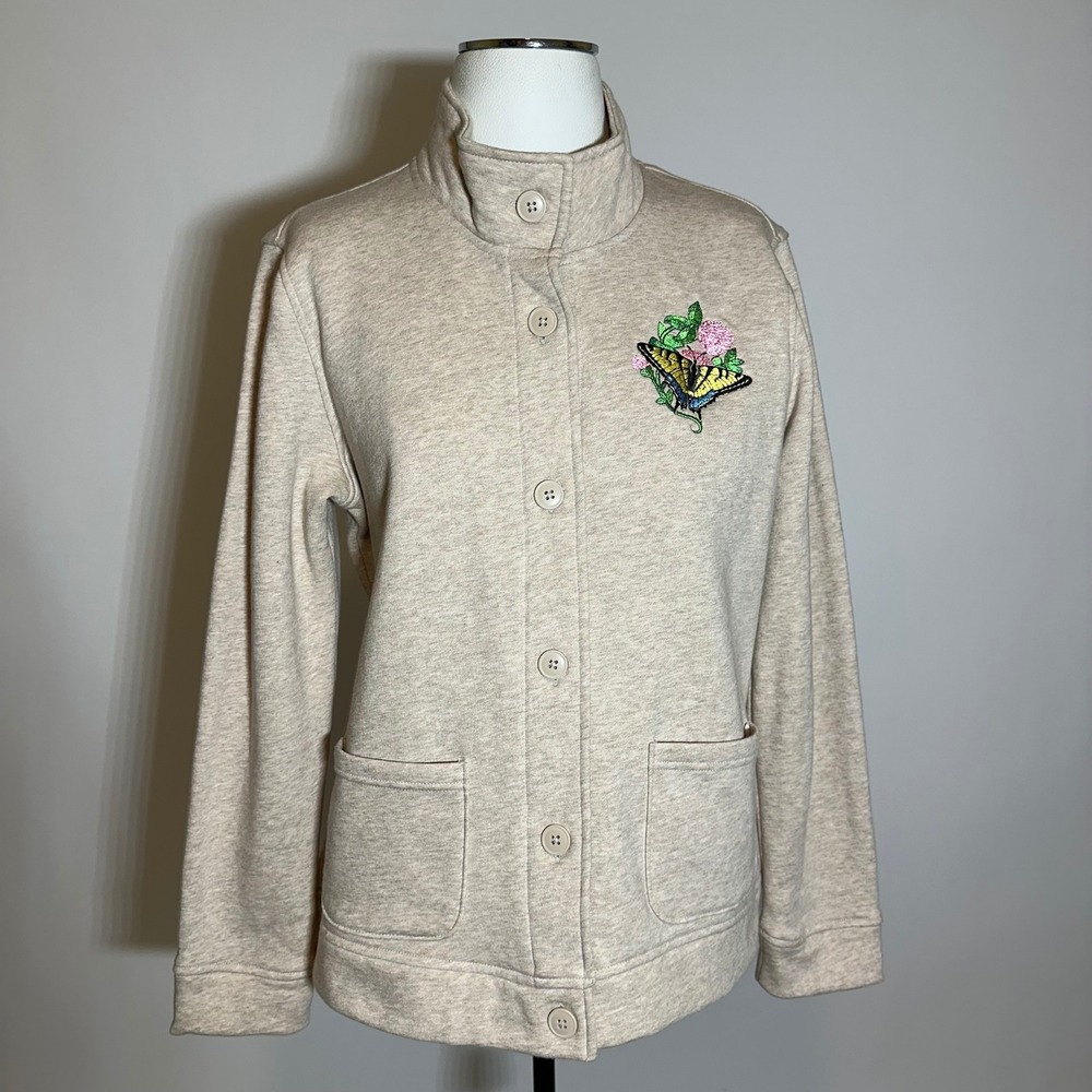 Laura Scott Womens Beige Butterfly Floral Embroidered Button Front Jacket Medium